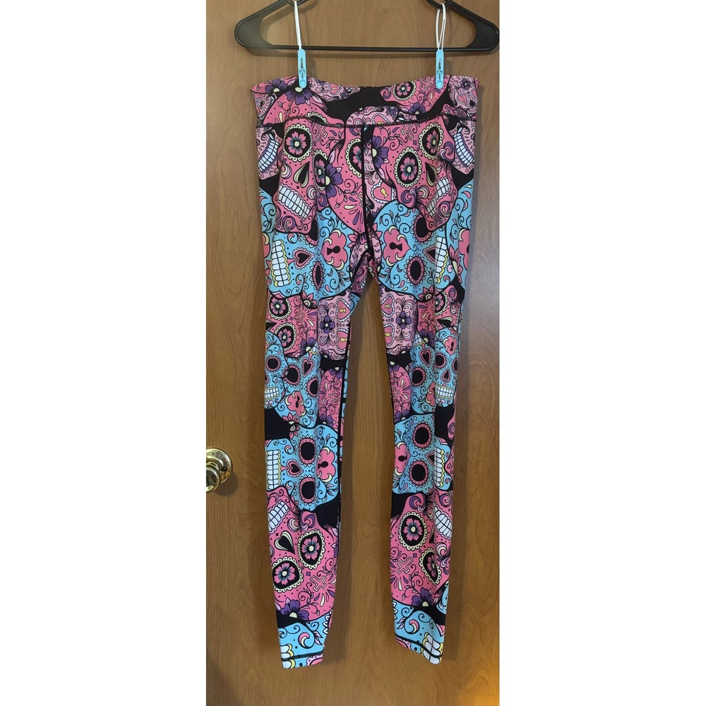 Constantly Varied Gear CVG Sugar Skull Floral Leggings Pink Blue Large